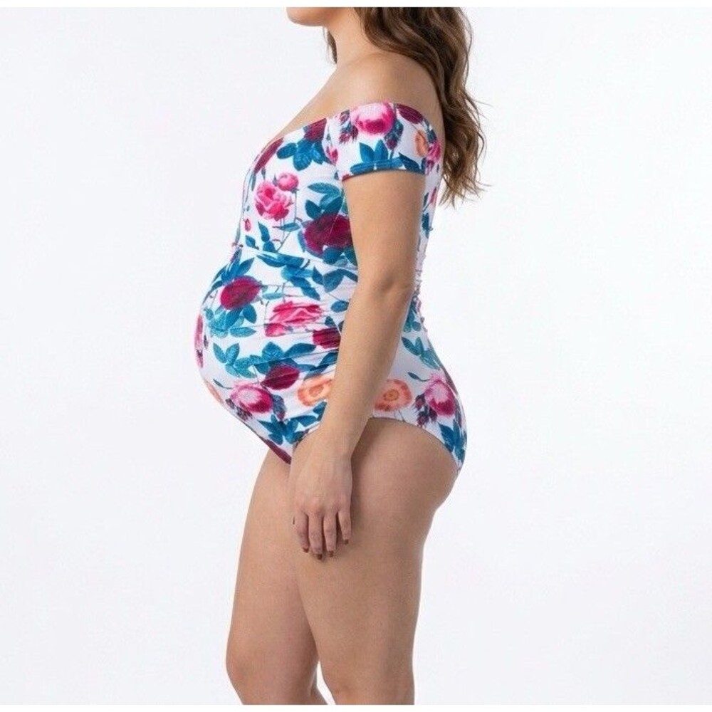 NWOT PinkBlush Maternity Floral Off-Shoulder One-Piece Swimsuit - Size S Blue